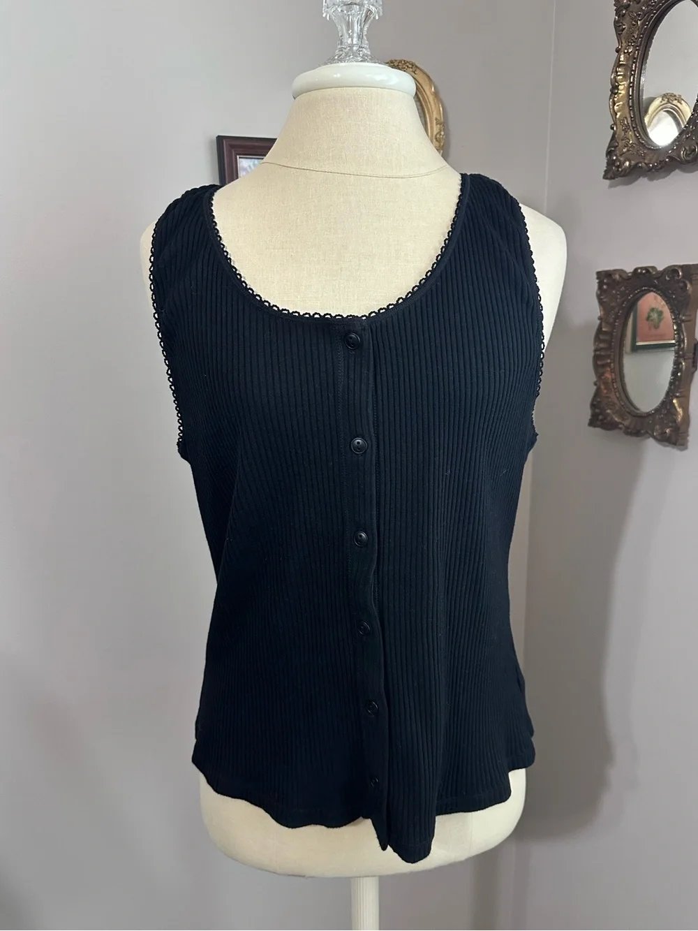 Free People Intimately Most Wanted Black Ribbed Button Tank with Scallop Trim